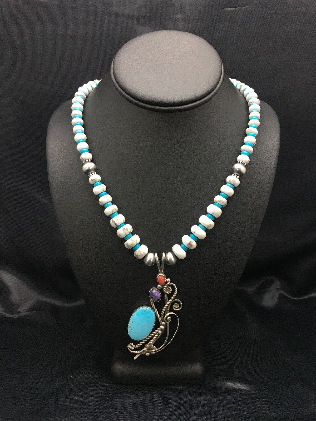 Kingman Turquoise Pendant Navajo Sterling Silver Necklace 03043