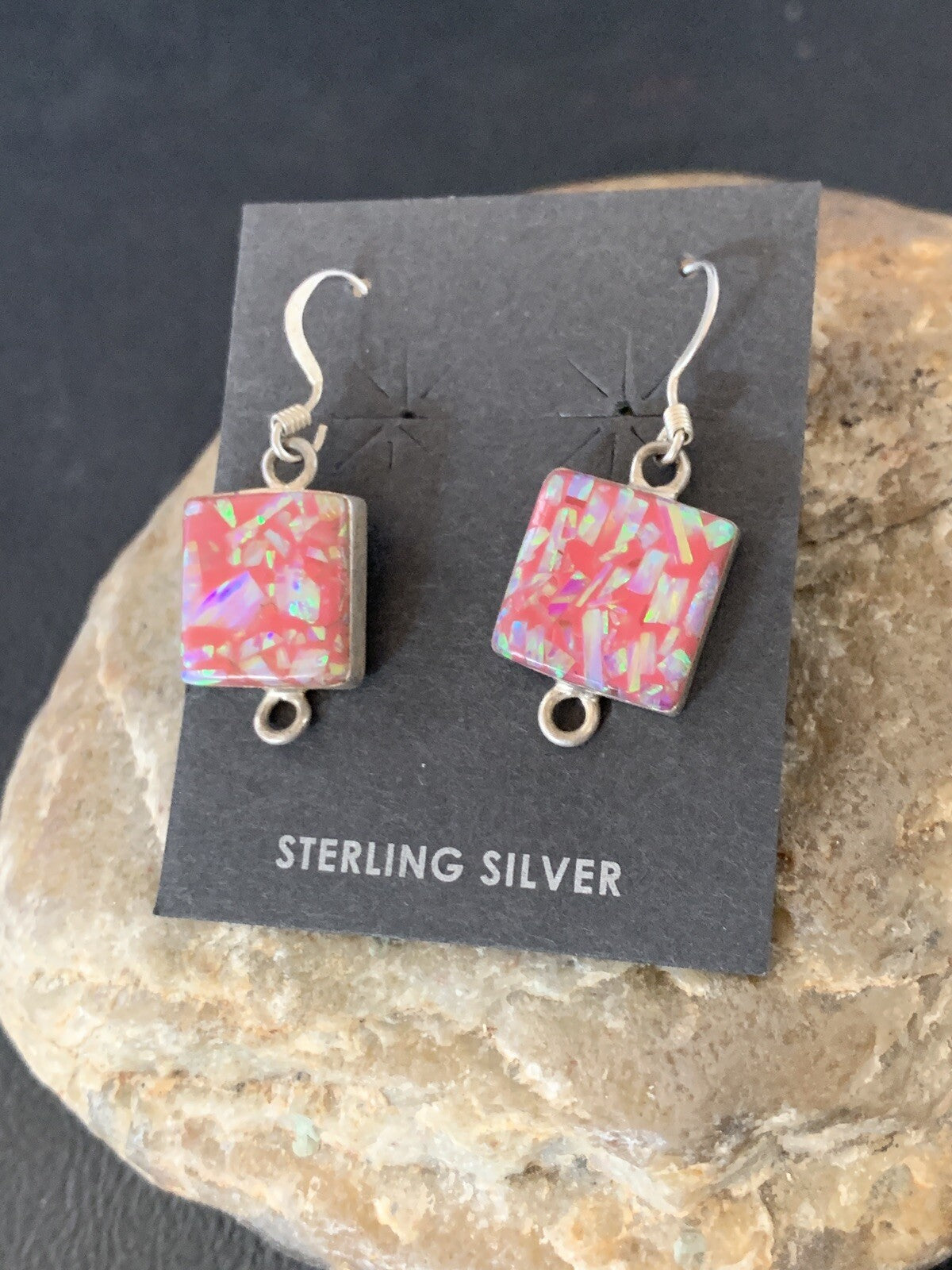 Womens Pink Opal Navajo Sterling Silver Dangle Drop Earrings 0.5" 12752