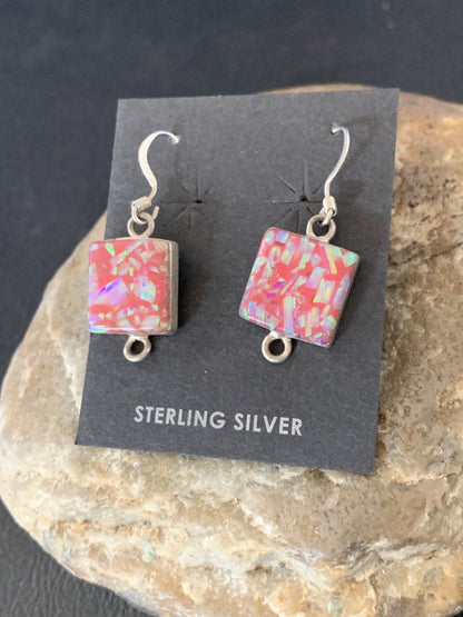 Womens Pink Opal Navajo Sterling Silver Dangle Drop Earrings 0.5" 12752