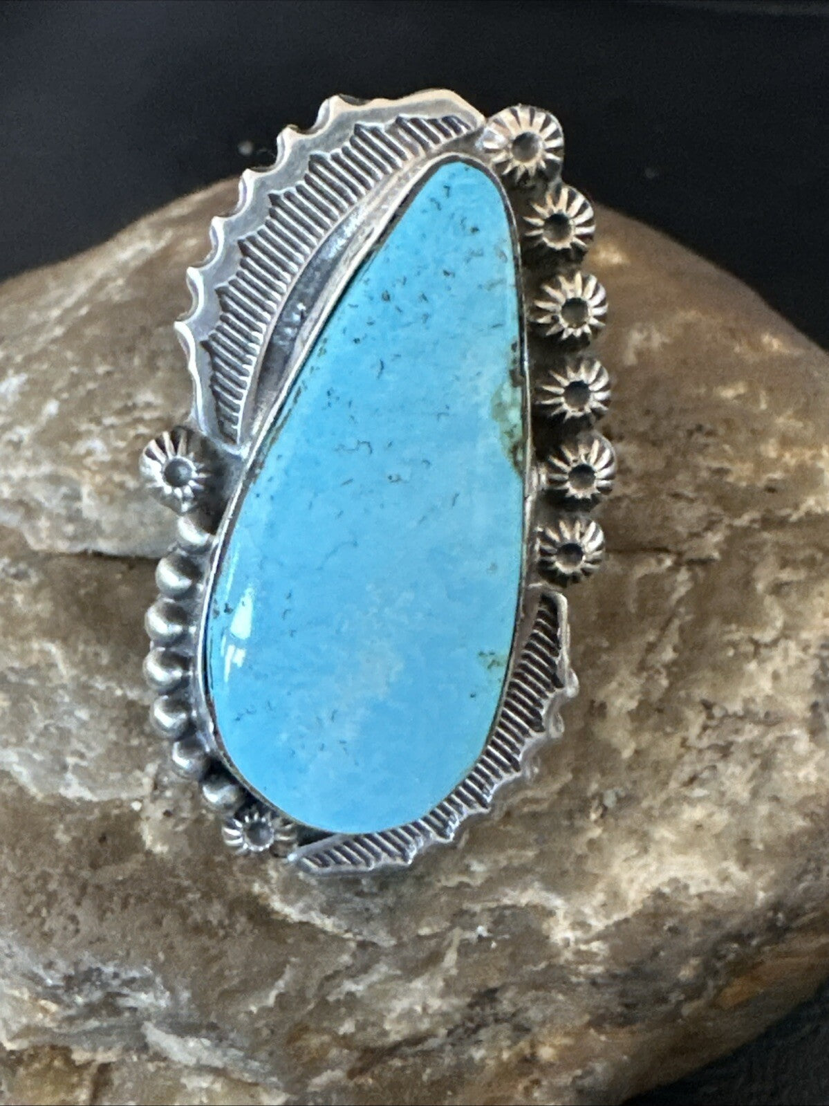 Navajo Sterling Silver Blue Kingman Turquoise Adjustable Ring Sz 7 18772