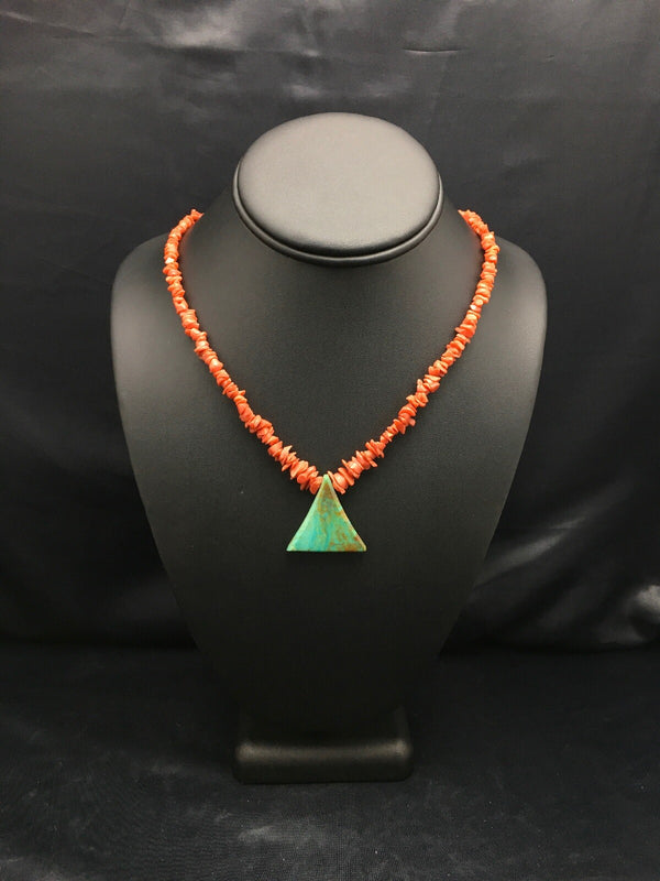 Kingman Turquoise Pendant Coral Brass Old Pawn Necklace 19" | Authentic Native American Handmade | 04029