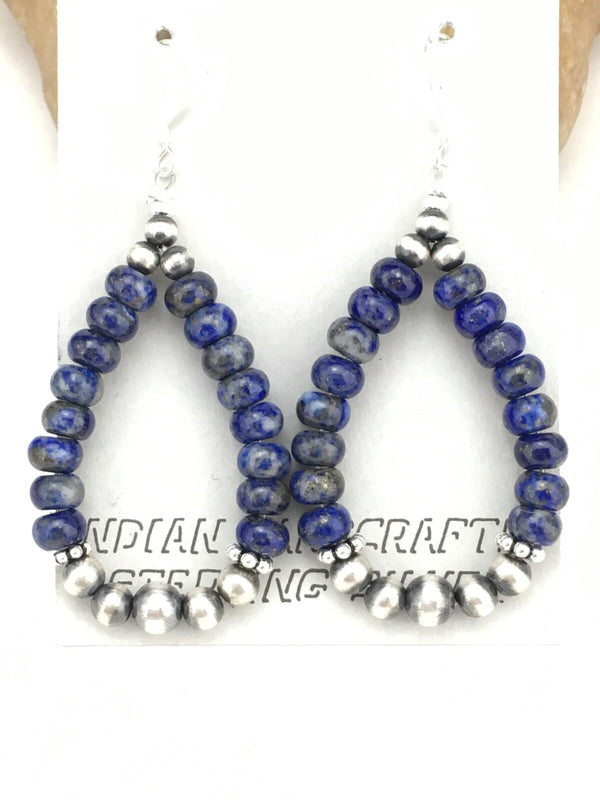 Blue Lapis Lazuli Bead Navajo Dangle Earrings 2" | Sterling Silver | Authentic Native American Handmade | 1250