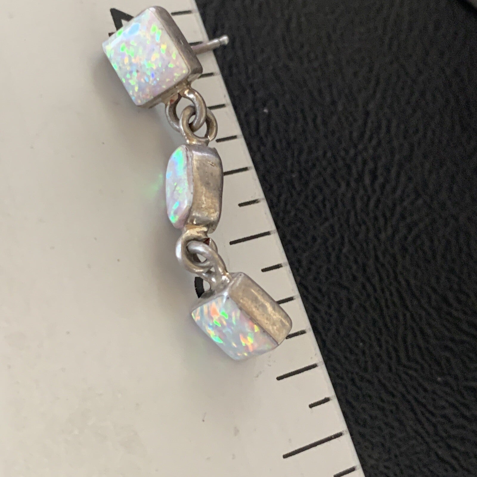 Womens White Opal Inlay Navajo Sterling Silver Dangle Post Earrings 1" 12769
