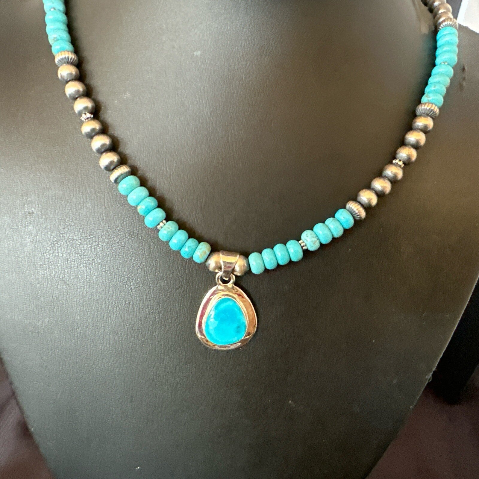 Mens Blue Kingman Turquoise Pendant Navajo Sterling Silver Necklace 21" 18111