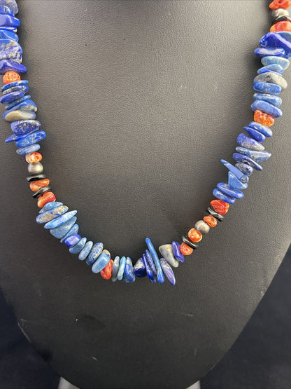Mens Lapis Lazuli & Spiny Oyster Navajo Sterling Silver Necklace 18" 1737
