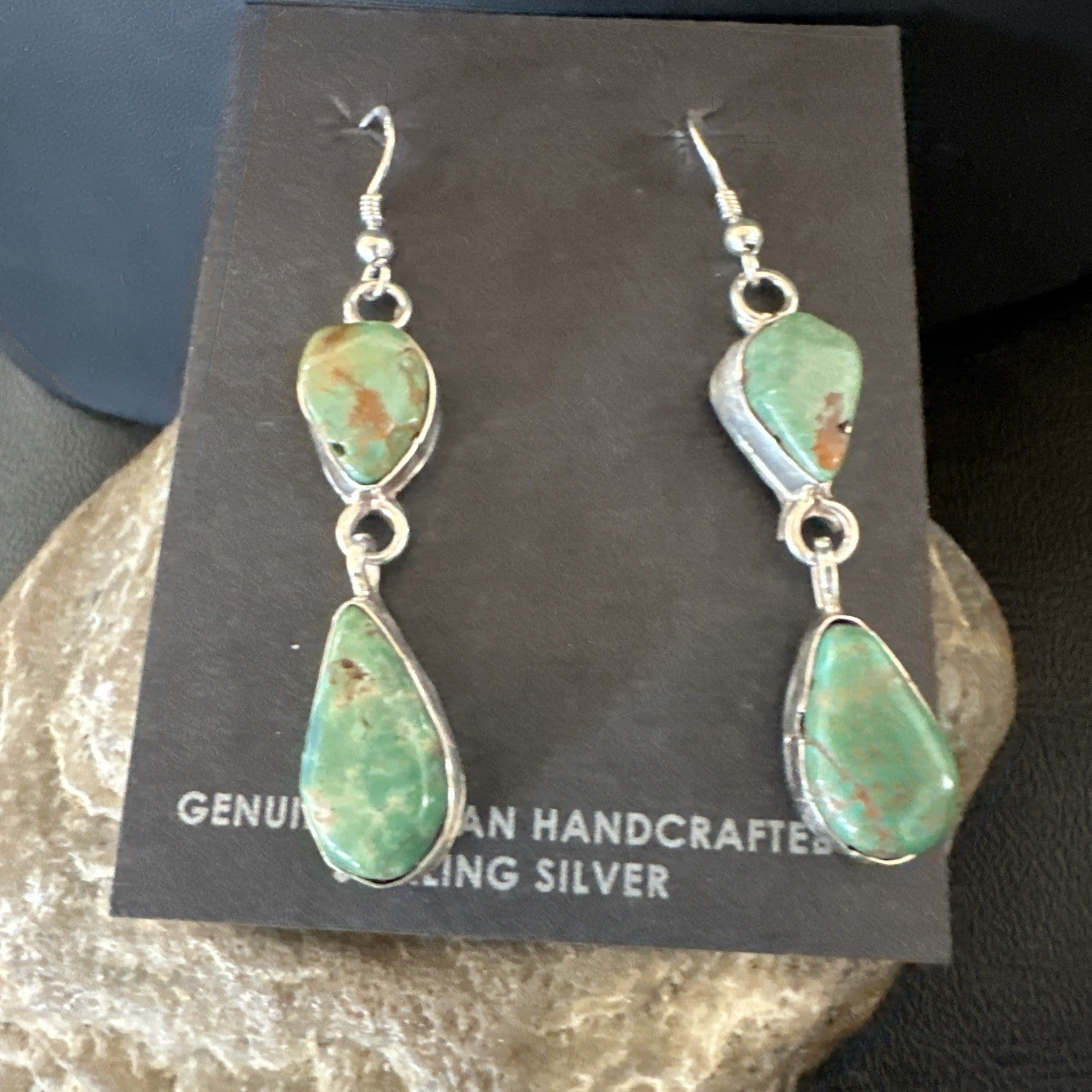 Green Royston Turquoise Navajo Sterling Silver Dangle Earrings 19405