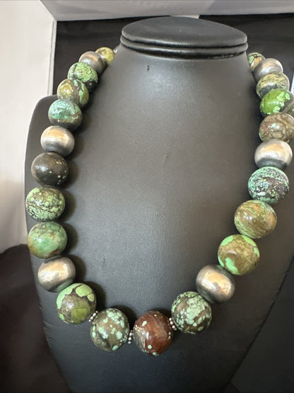 18mm Green Turquoise Round Navajo Pearls Sterling Silver Necklace 21" 19145