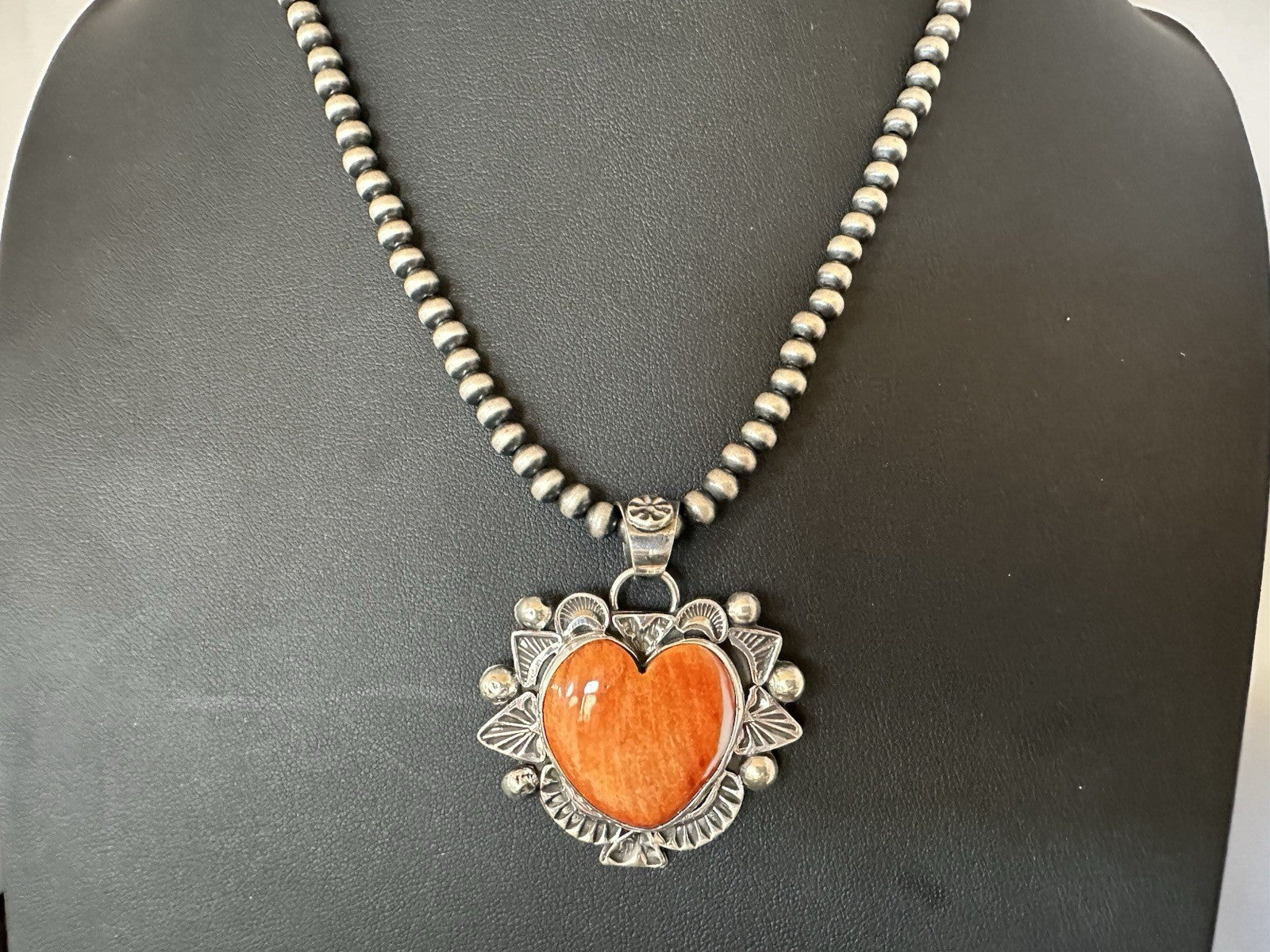 H Joe Orange Spiny Oyster Heart Pendant Navajo Sterling Silver Necklace 19485