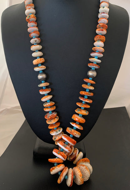 Turquoise & Orange Spiny Oyster Navajo Sterling Silver 28" Necklace 01390