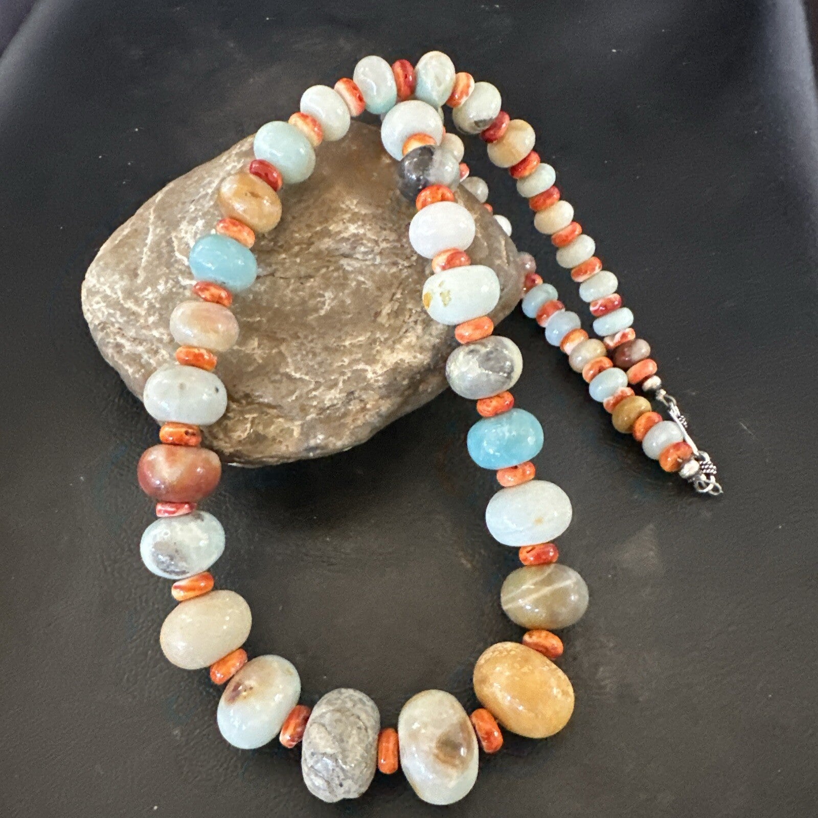 Blue Amazonite Orange Spiny Navajo Sterling Silver Bead Necklace 23” 17831