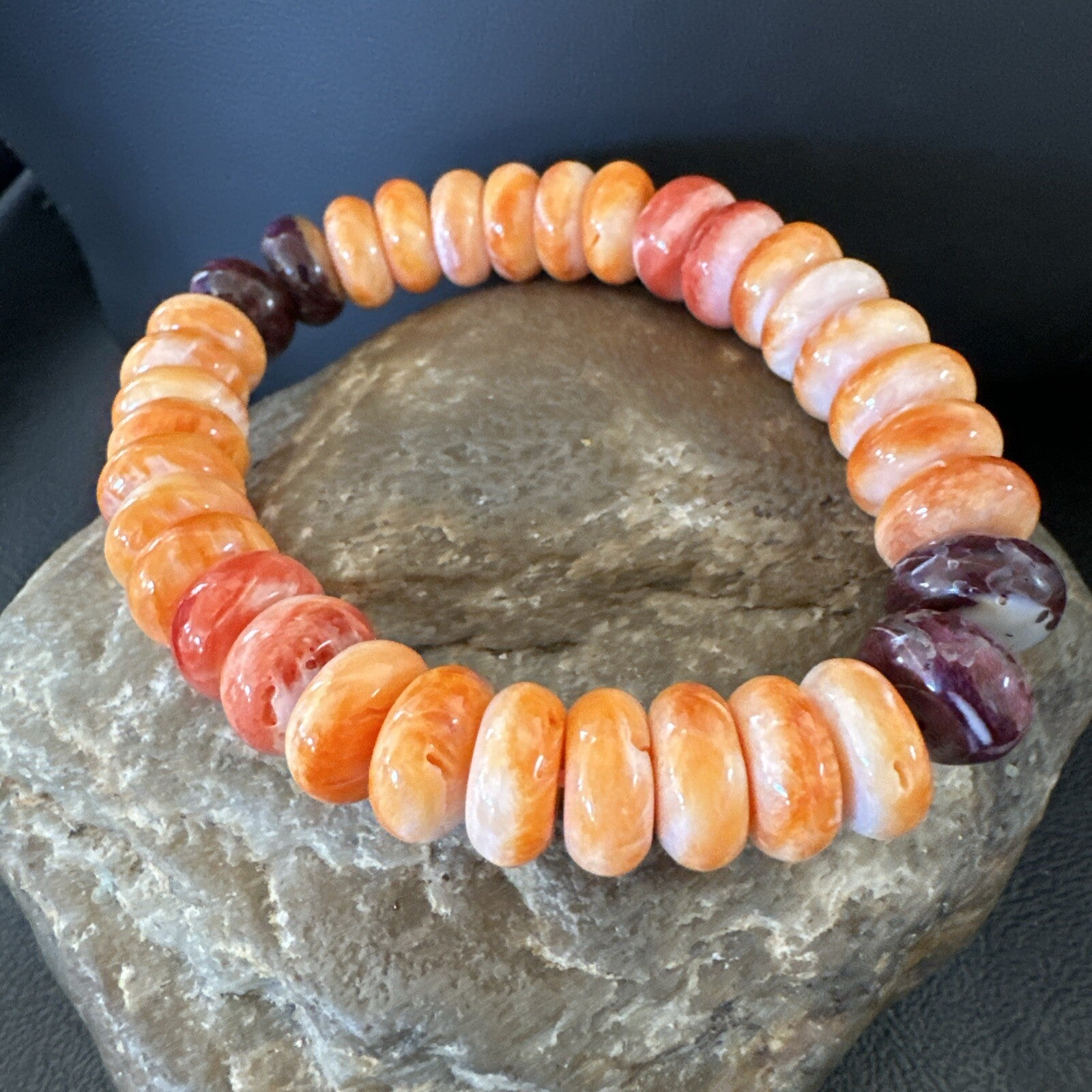 Mens Womens Orange Purple Spiny Oyster Sterling Silver Stretch Bracelet 9" 18859