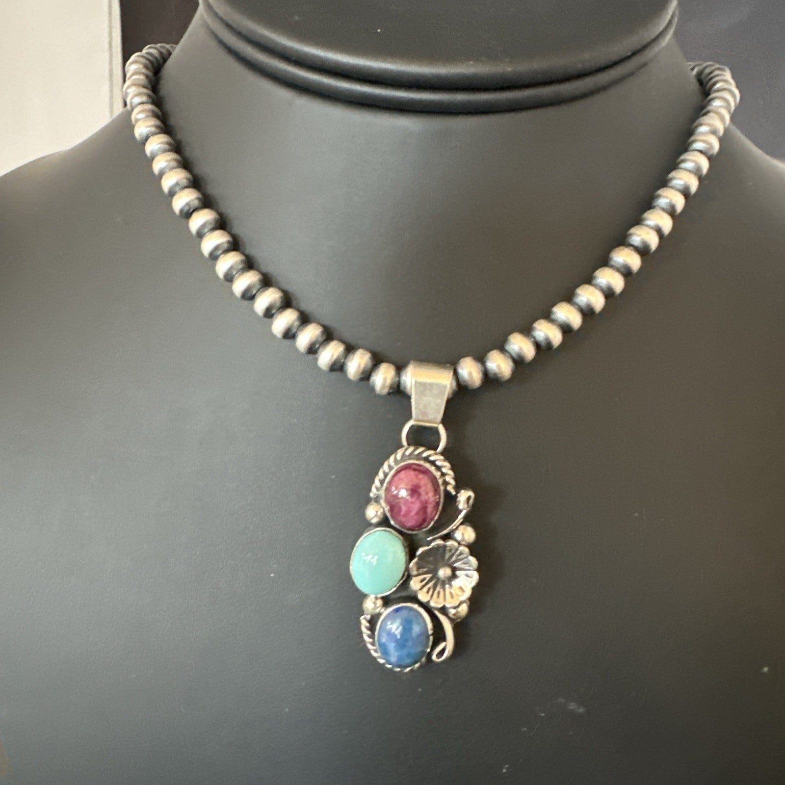 Multicolor Turquoise Lapis Navajo Sterling Silver Cluster Pendant Necklace 19246