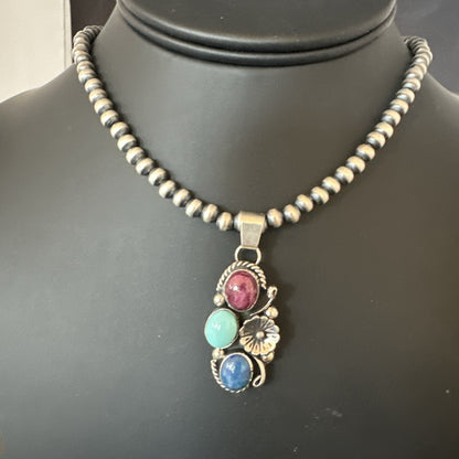 Multicolor Turquoise Lapis Navajo Sterling Silver Cluster Pendant Necklace 19246