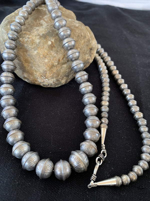 Hand Stamped Bench Navajo Pearls Graduated Bead Necklace 36" | Sterling Silver | Authentic Native American Handmade