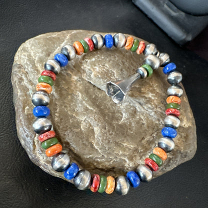 Multicolor Lapis Turquoise Stretch Bead Bracelet Navajo Sterling Silver 17908