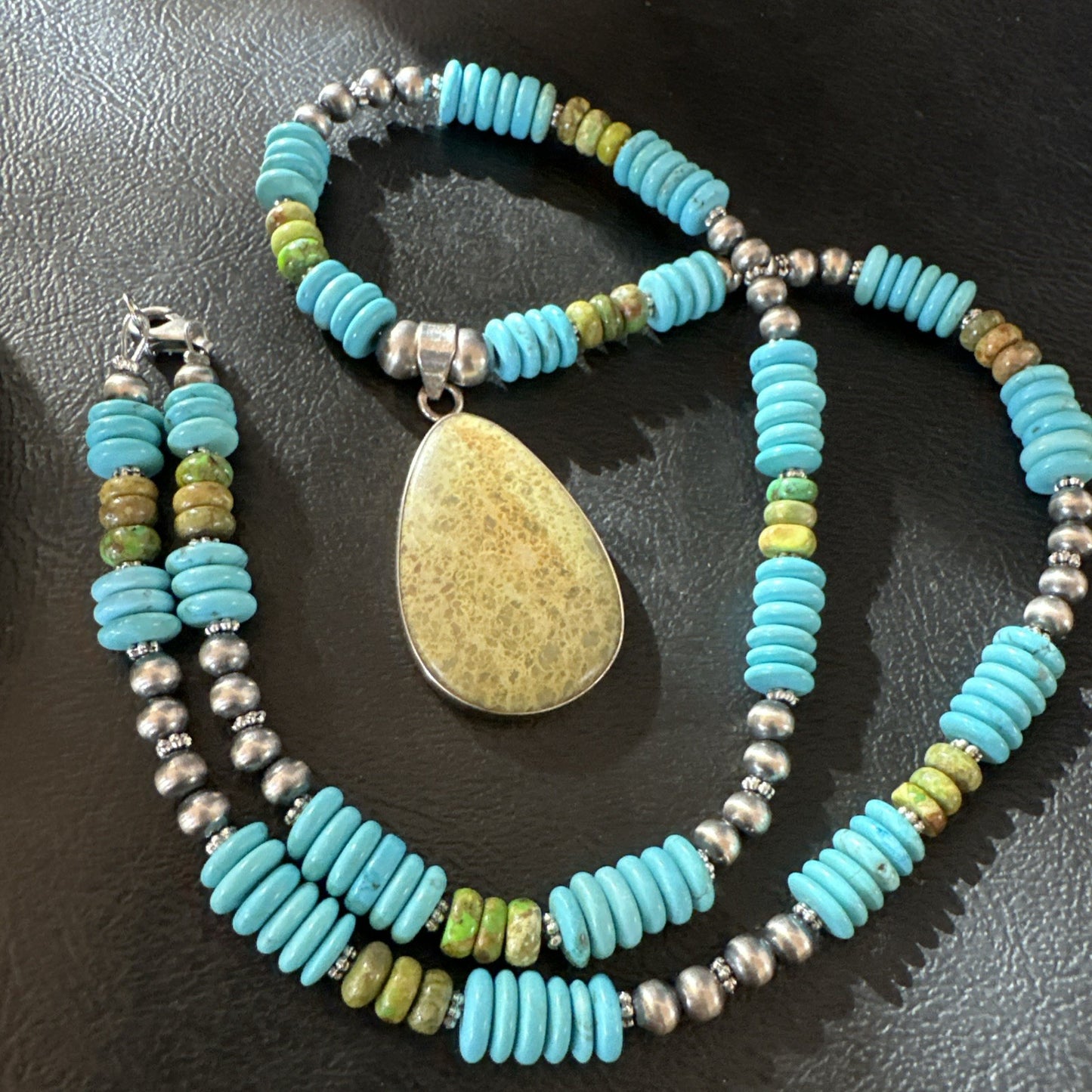 Green Gaspeite Pendant Blue Turquoise Navajo Sterling Silver Necklace 20" 19673