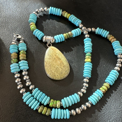 Green Gaspeite Pendant Blue Turquoise Navajo Sterling Silver Necklace 20" 19673