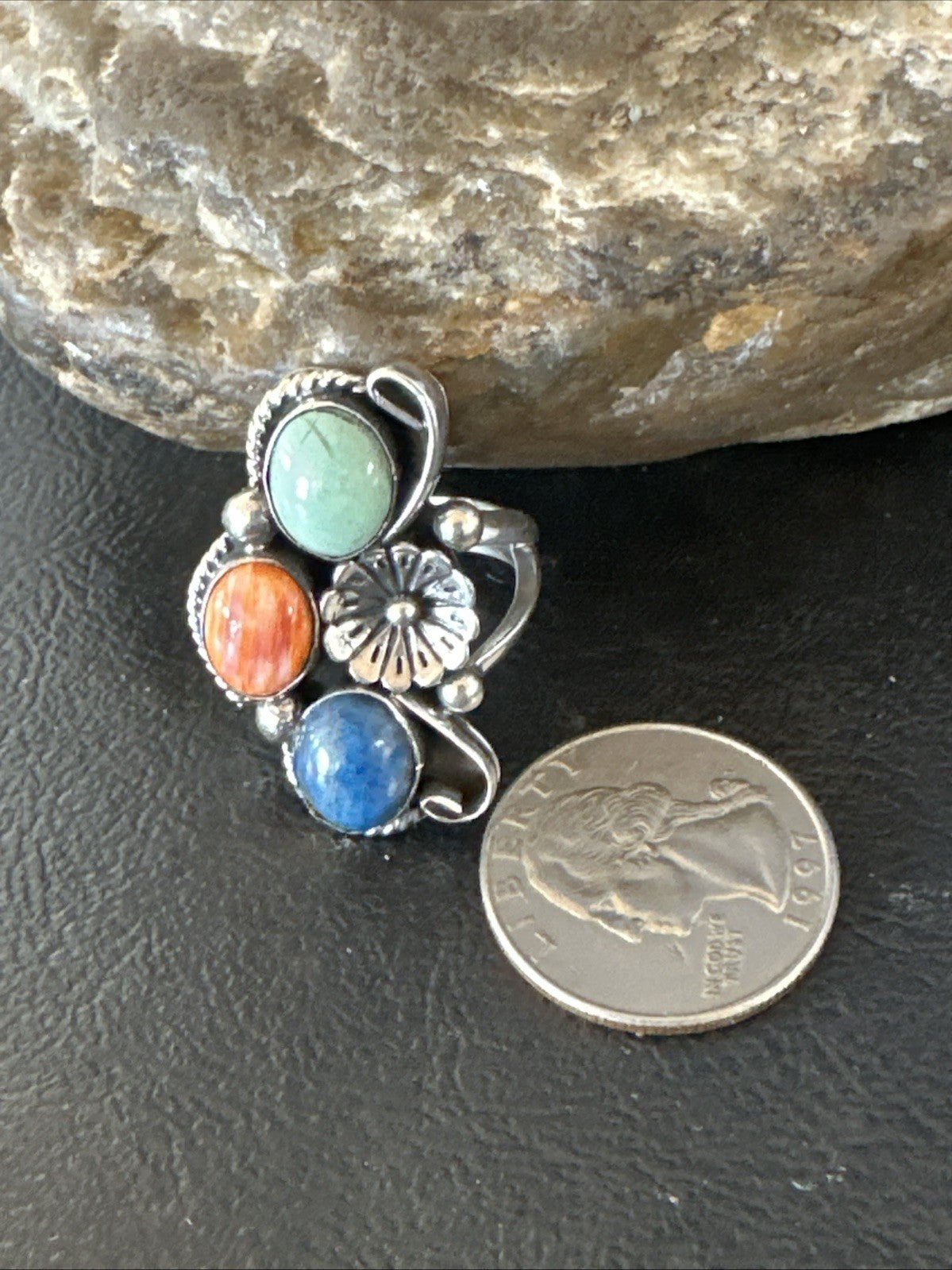 Multicolor Ring Turquoise Spiny Navajo Sterling Silver Cluster Size 9 19187