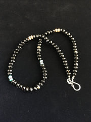 Black Onyx Turquoise Navajo Necklace 18" | Sterling Silver | Authentic Native American Handmade | 10022
