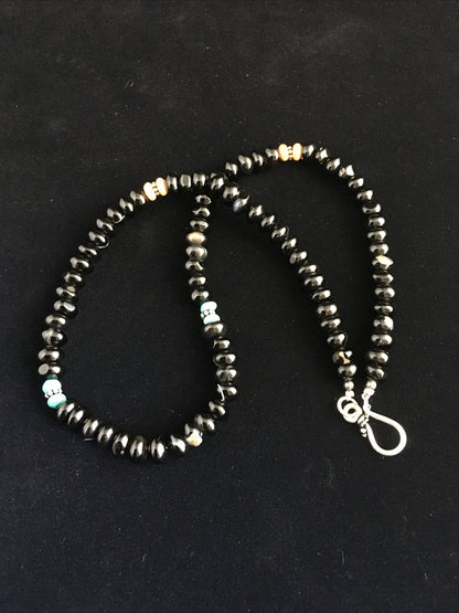 Black Onyx & Turquoise Navajo Sterling Silver Necklace 18" 10022