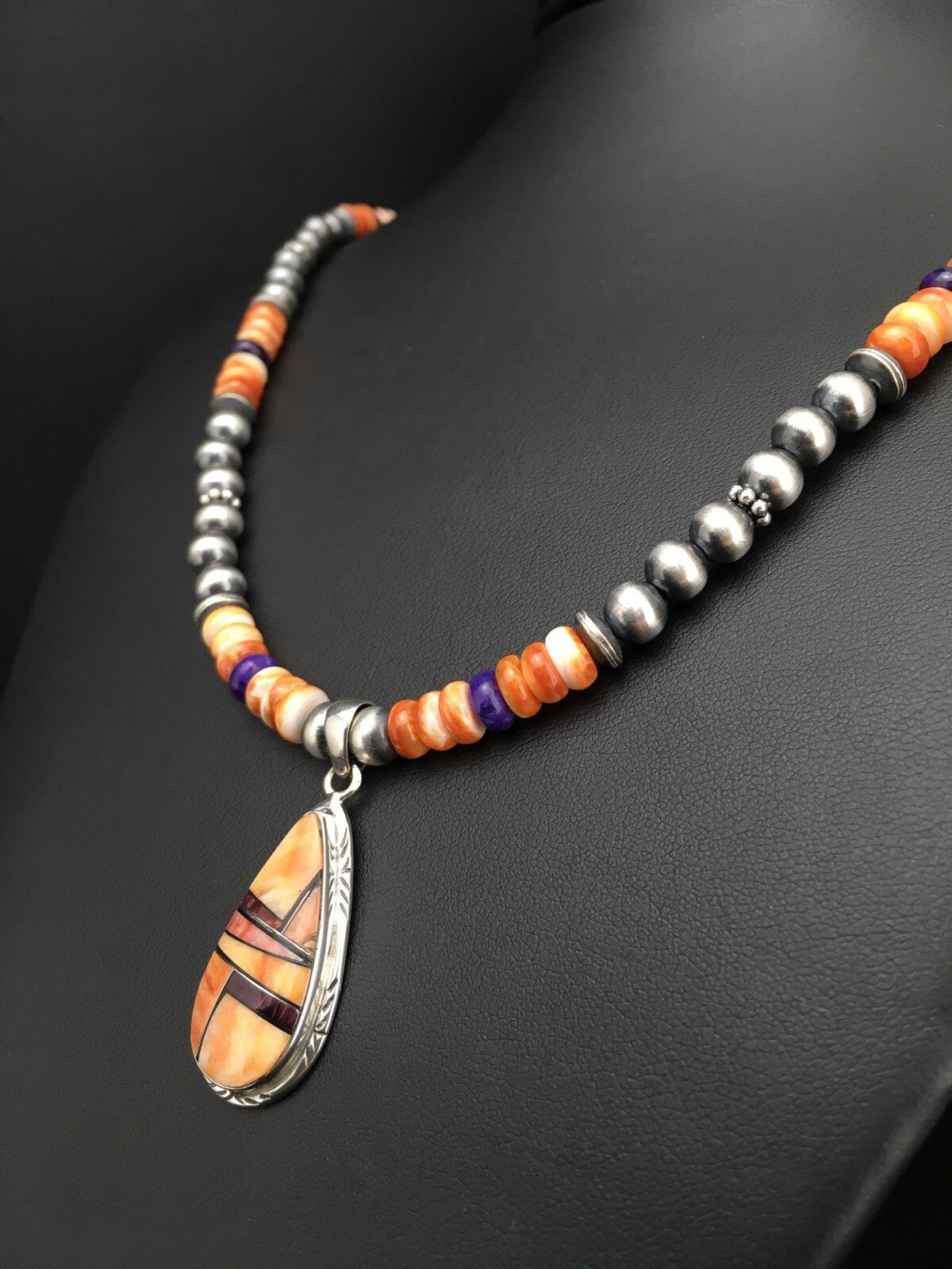 Spiny Oyster Pendant Purple Stone Navajo Pearls Sterling Silver Necklace 4879