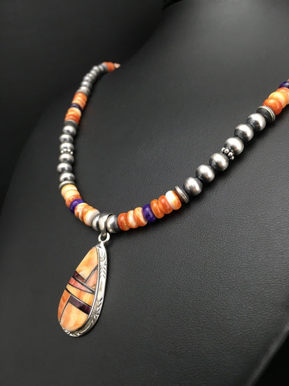 Spiny Oyster Pendant Purple Stone Navajo Pearls Sterling Silver Necklace 4879