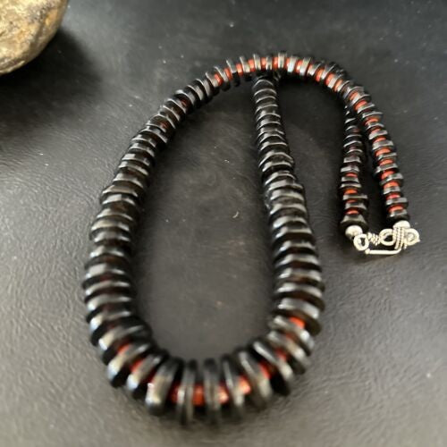 Navajo Bamboo Coral Black Onyx Necklace Sterling Silver 20" 14431