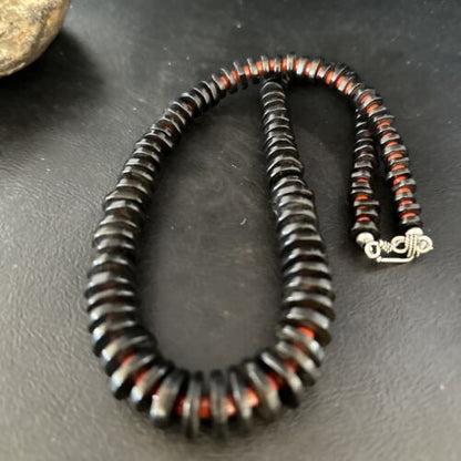 Navajo Bamboo Coral Black Onyx Necklace Sterling Silver 20" 14431