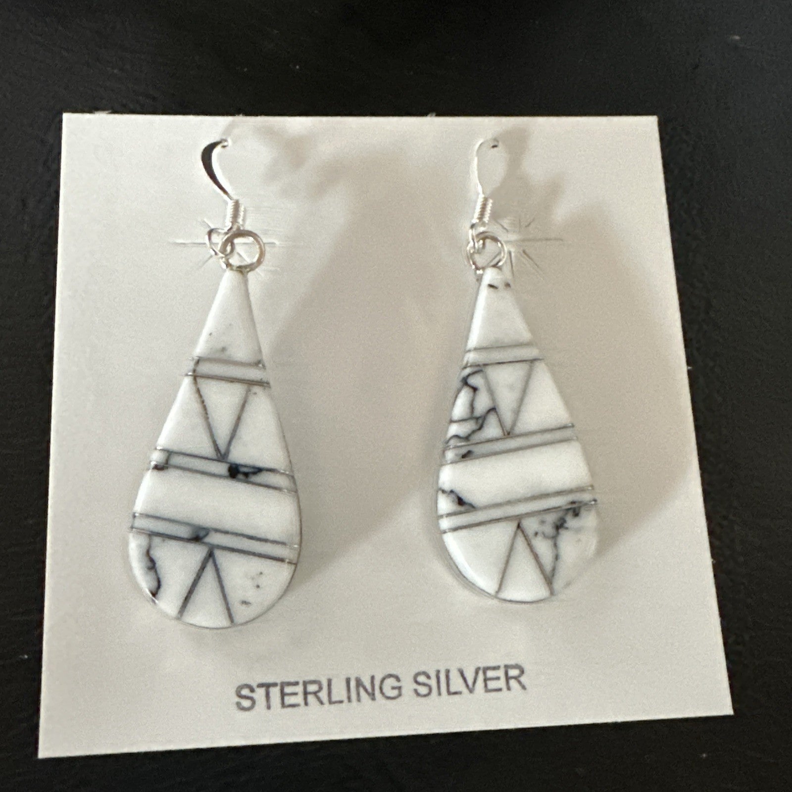 White Howlite Dangle Inlay Navajo Sterling Silver Earrings 19264