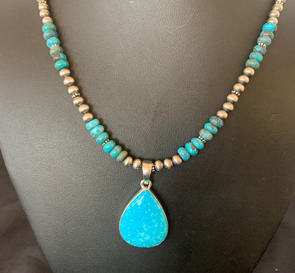 Women's Blue Kingman Turquoise Beads Necklace Pendant | Sterling Silver | Authentic Native American Handmade | 11692