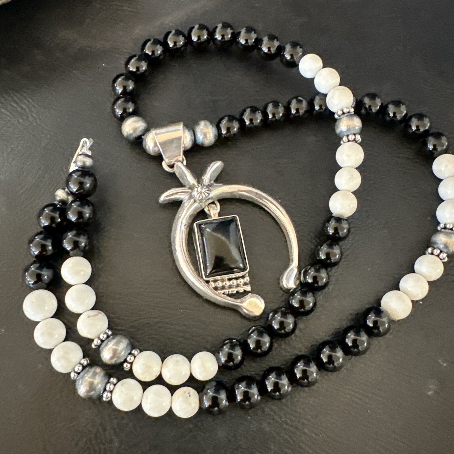 Mens Black Onyx Howlite Naja Pendant Navajo Sterling Silver Necklace 23” 17687