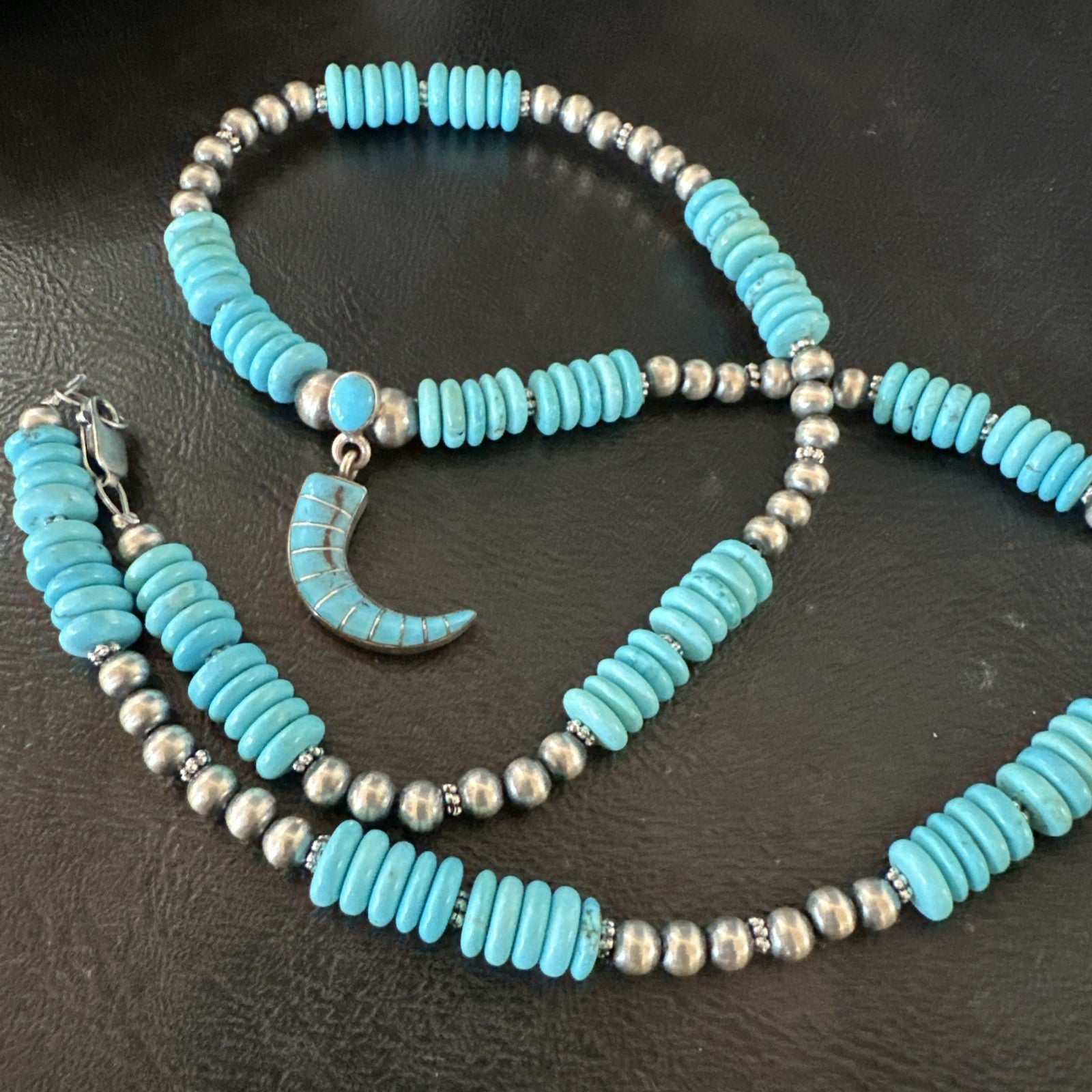 Blue Turquoise Inlay Pendant Navajo Sterling Silver Necklace 19515