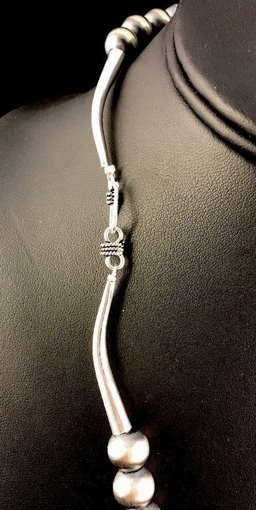 Native American 12mm Sterling Silver Navajo Pearls 22" Hook & Eye Cone Necklace
