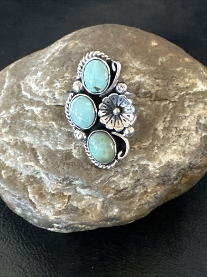 Yazzie Ring Green Turquoise Navajo Sterling Silver Cluster Size 8 19199