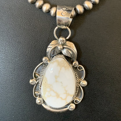 Men White Buffalo Turquoise Pendant Sterling Silver Beads Necklace 12665N