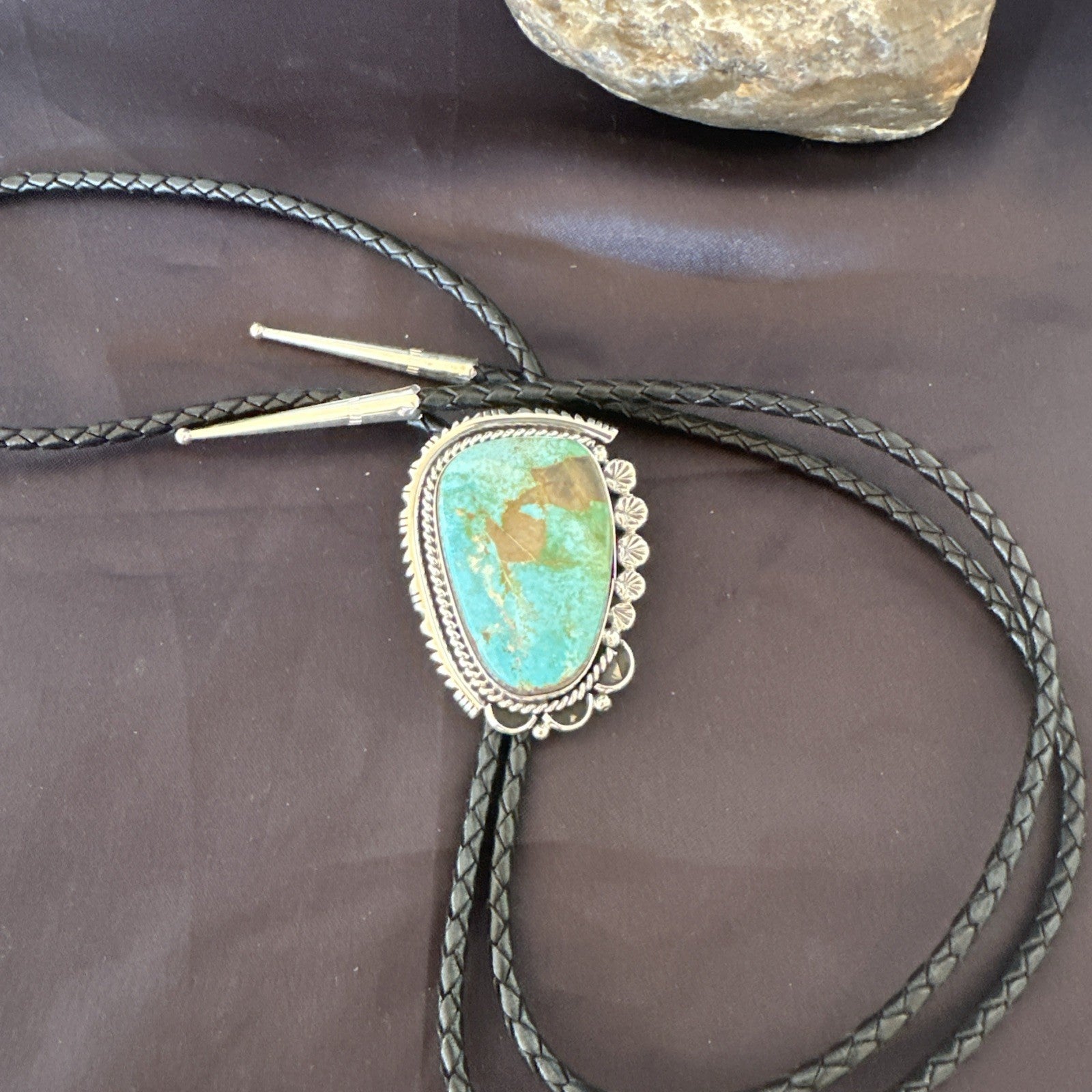 Native Mens Blue Green Royston Turquoise Bolo Tie Sterling Silver Navajo 19594