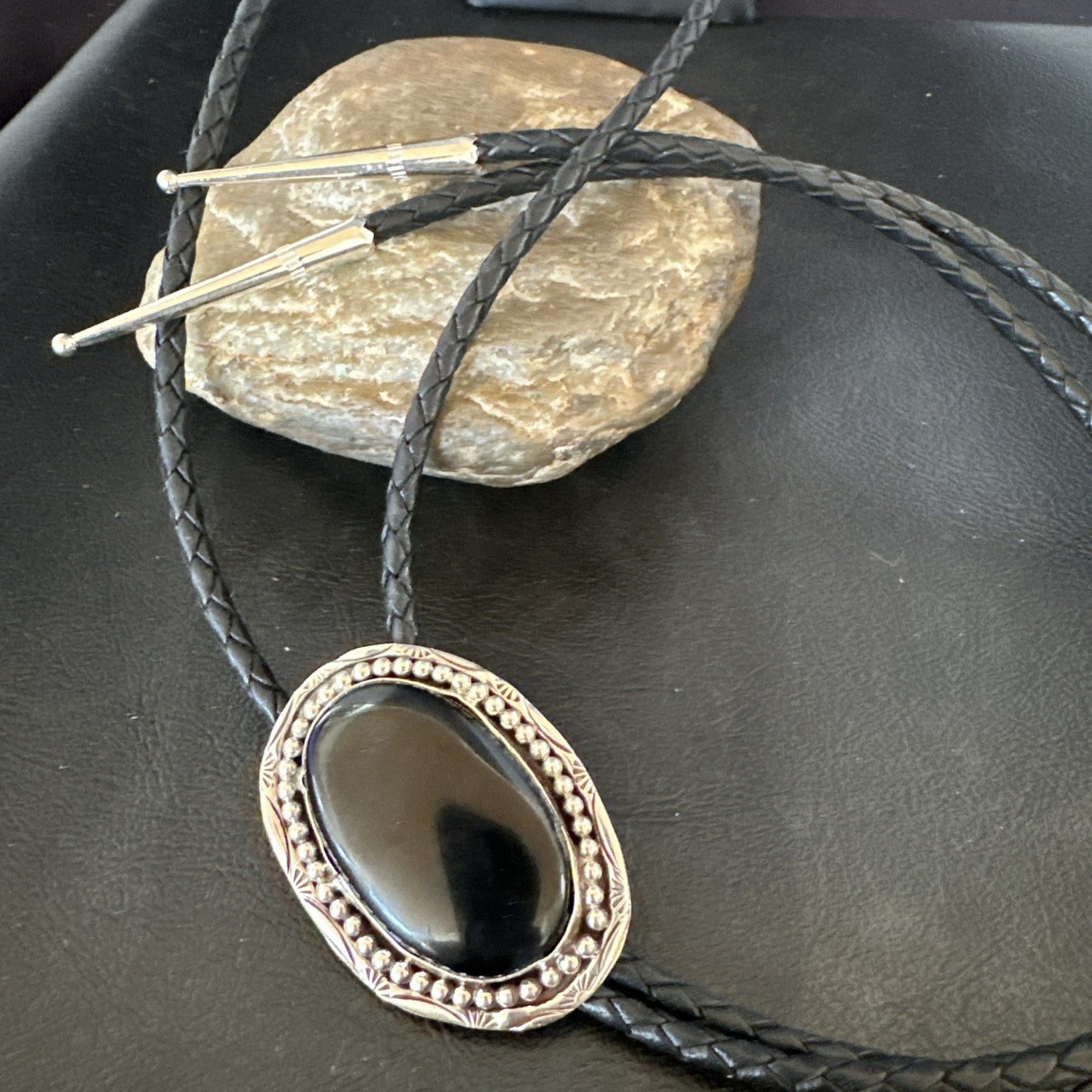 Mens Black Onyx Navajo Sterling Silver Bolo Tie 19053