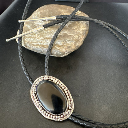 Mens Black Onyx Navajo Sterling Silver Bolo Tie 19053