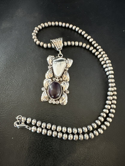 White Buffalo Turquoise  Purple Stone Pendant Navajo Sterling Silver 18036