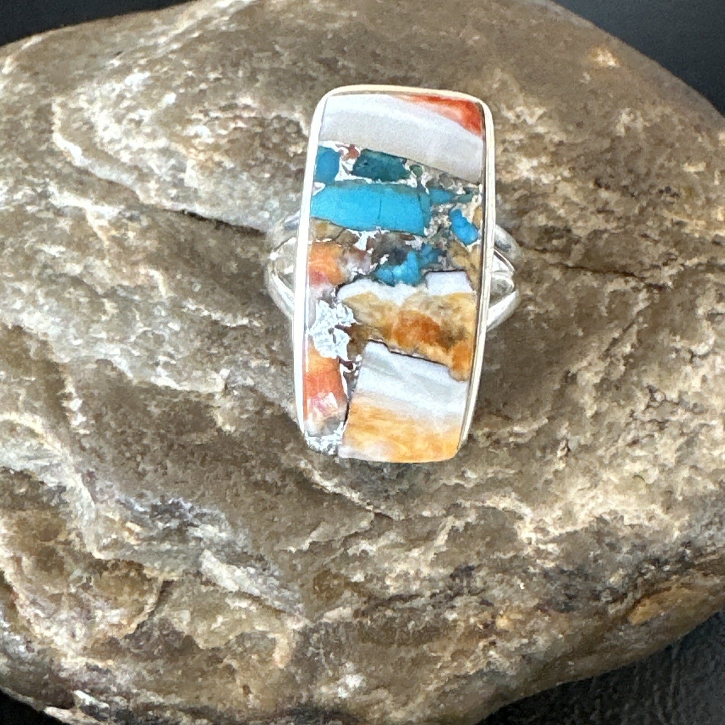 Blue Turquoise Spiny Oyster Navajo Sterling Silver Ring Size 7 18225
