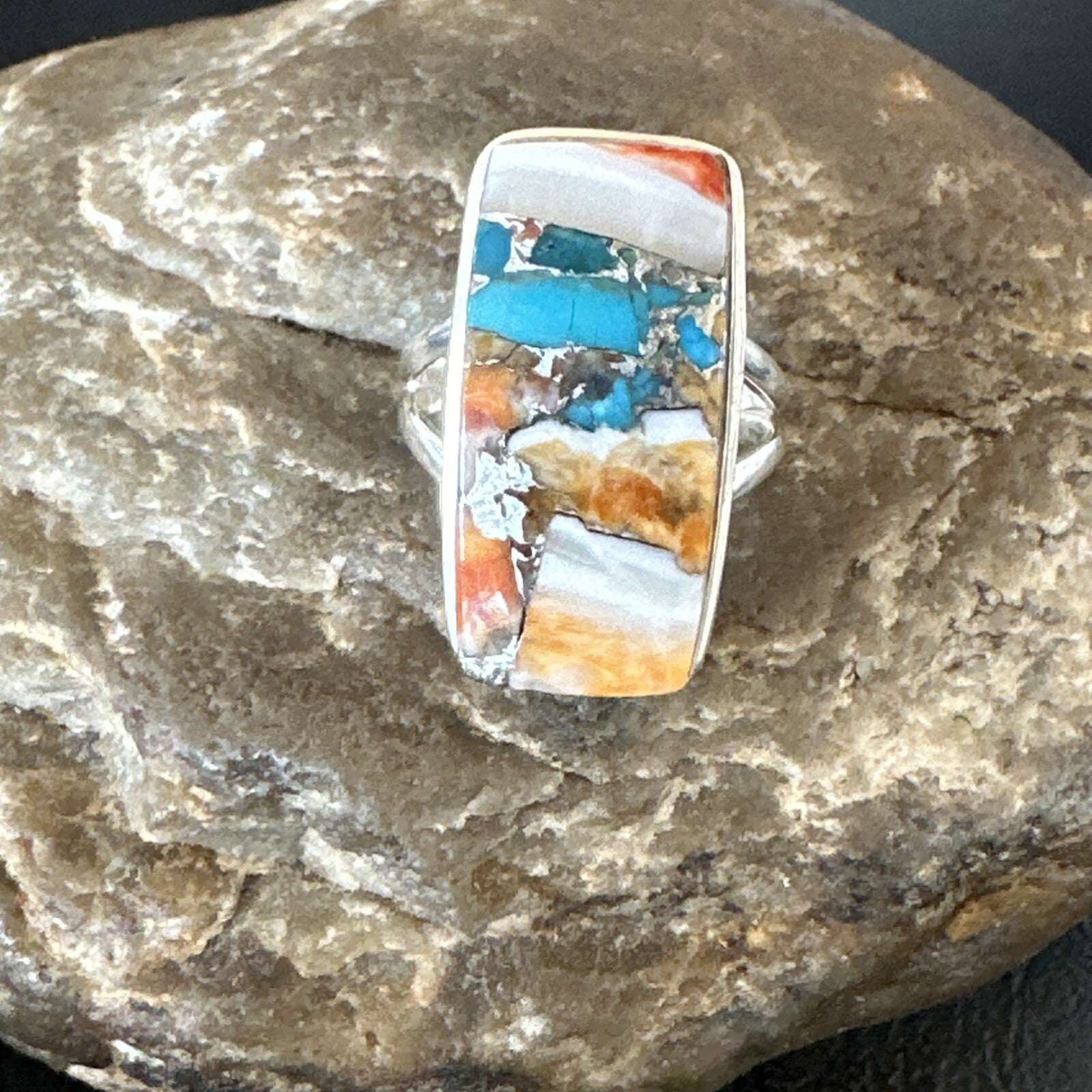 Blue Turquoise Spiny Oyster Navajo Sterling Silver Ring Size 7 18225