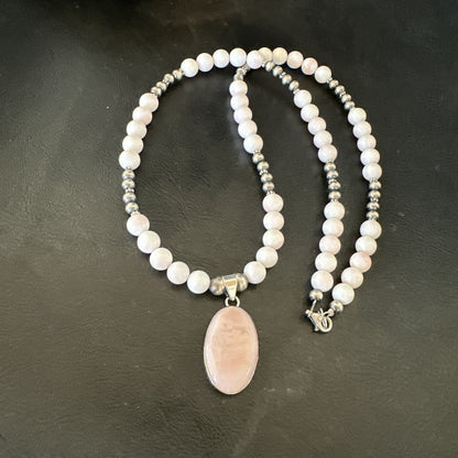 Southwestern Sterling Silver Pink Queen Conch Bead Necklace Pendant 20" 19581