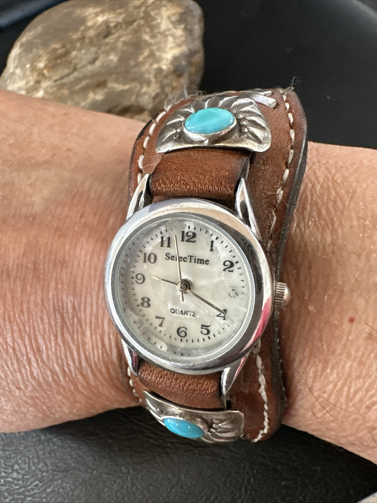 Womens Blue Turquoise Navajo Sterling Silver Cuff Watch Leather Bracelet 17736
