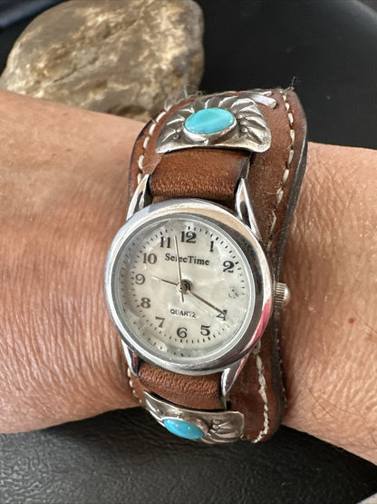 Womens Blue Turquoise Navajo Sterling Silver Cuff Watch Leather Bracelet 17736