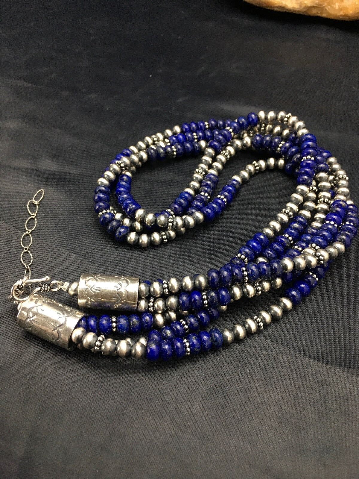 Blue Lapis Lazuli 3 Strands Navajo Sterling Silver Beads Necklace 02926