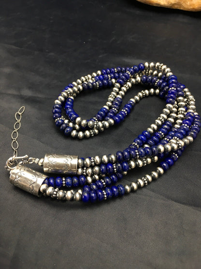 Blue Lapis Lazuli 3 Strands Navajo Sterling Silver Beads Necklace 02926