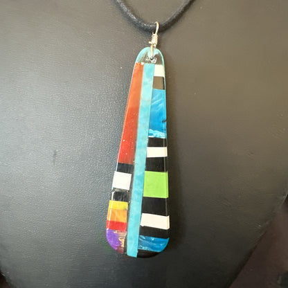 Santo Domingo Turquoise Spiny Adjustable Cord Necklace Inlay Pendant 3” 18476