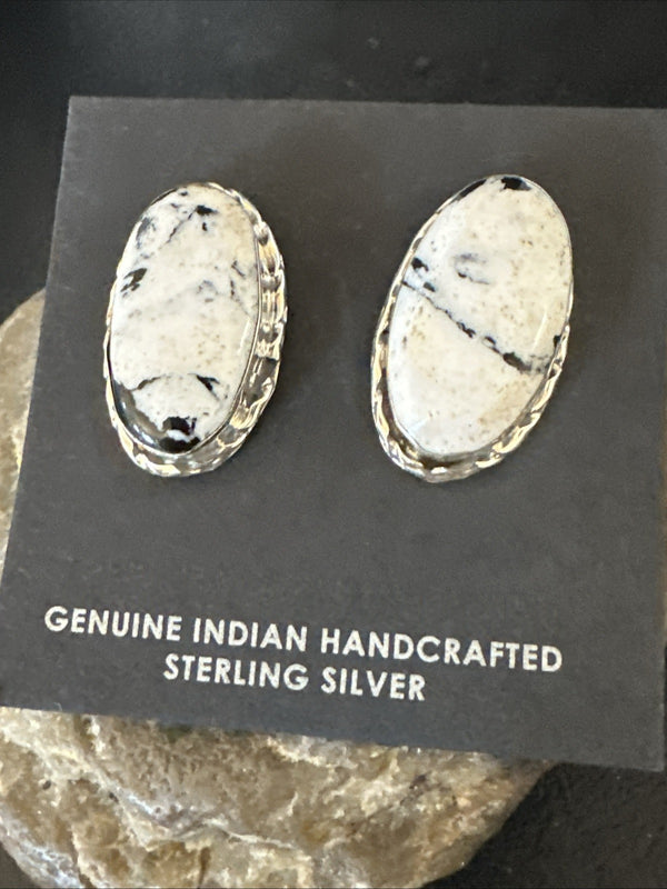 Women White Buffalo Turquoise Navajo Post Earrings | Sterling Silver | Authentic Native American Handmade | 19095