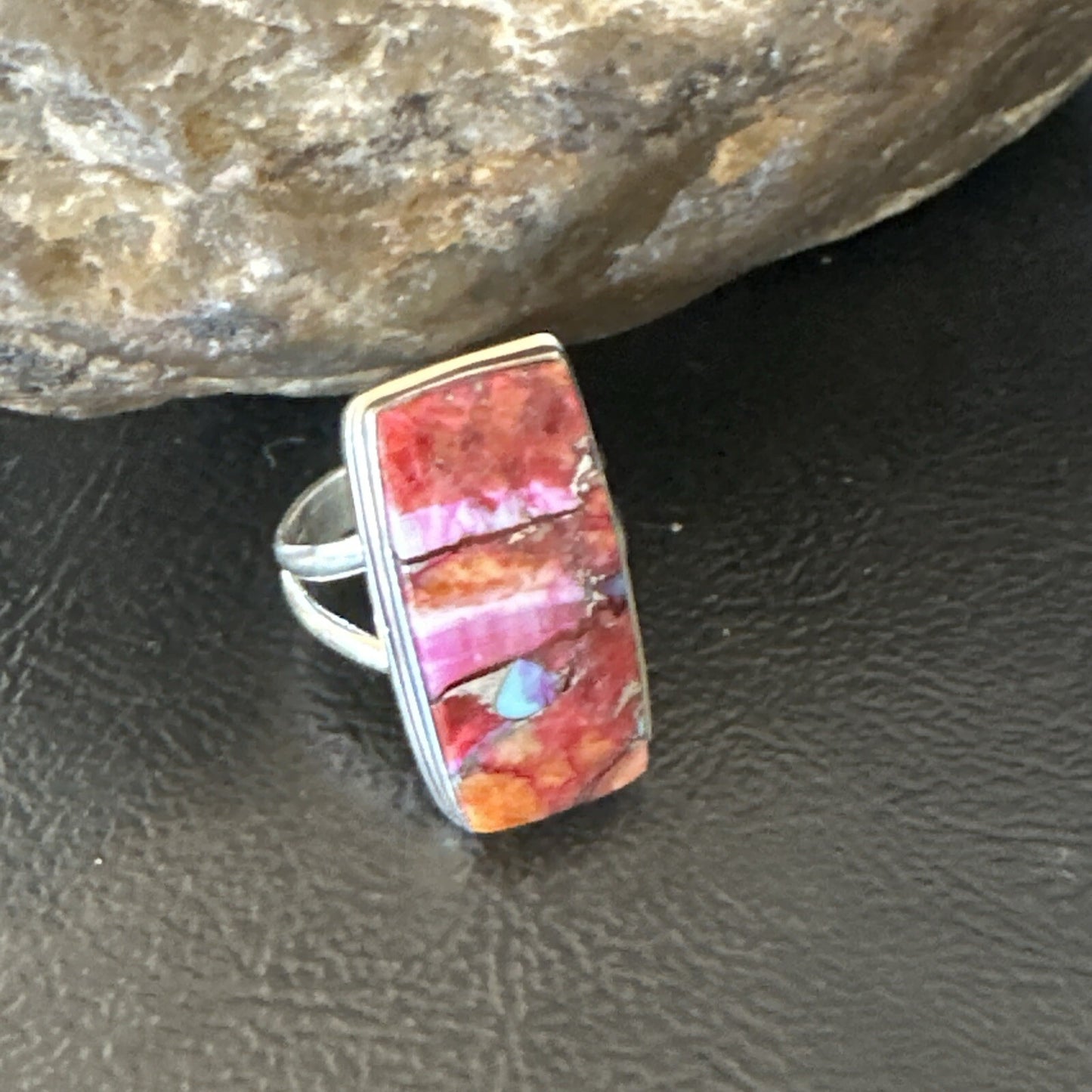 Blue Turquoise Spiny Oyster Southwestern Sterling Silver Ring Size 7 18488