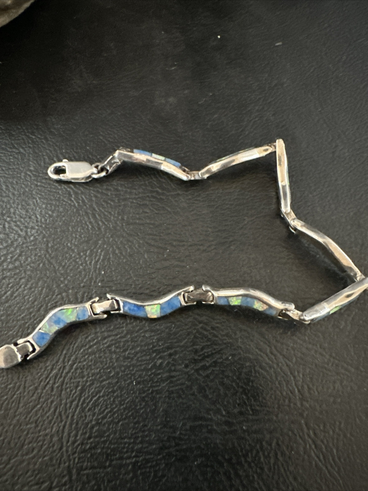 Native Womens Blue Opal Lapis Inlay Link Bracelet 7" Sterling Silver 17726